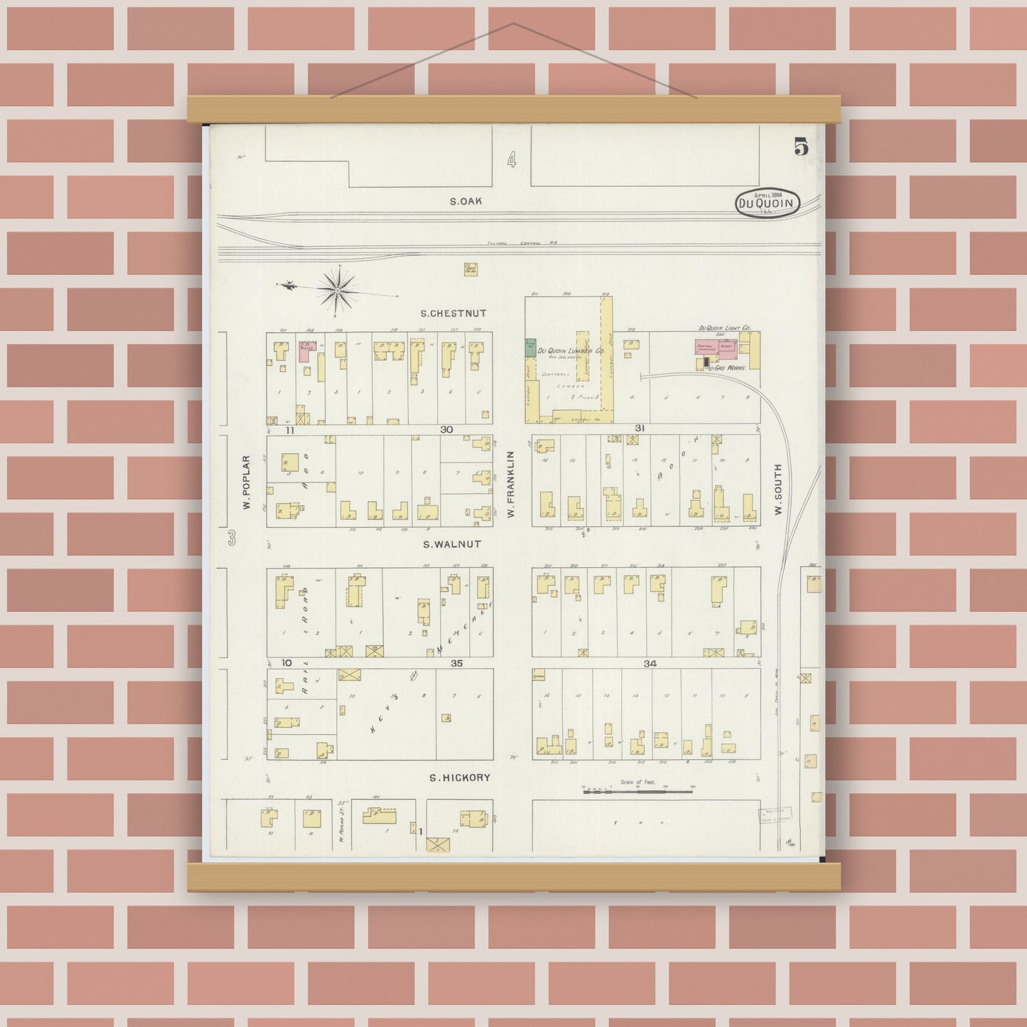 Old map wall art mockup — magnetic wood frame on brick wall — Sanborn Fire Insurance Map from Du Quoin, Perry County, Illinois (1894), Sheet #0005