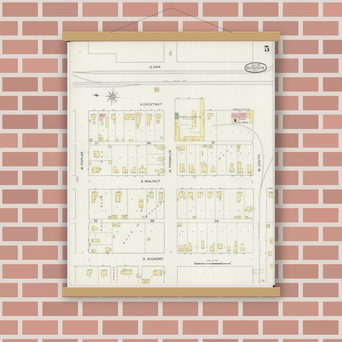 Old map wall art mockup — magnetic wood frame on brick wall — Sanborn Fire Insurance Map from Du Quoin, Perry County, Illinois (1894), Sheet #0005