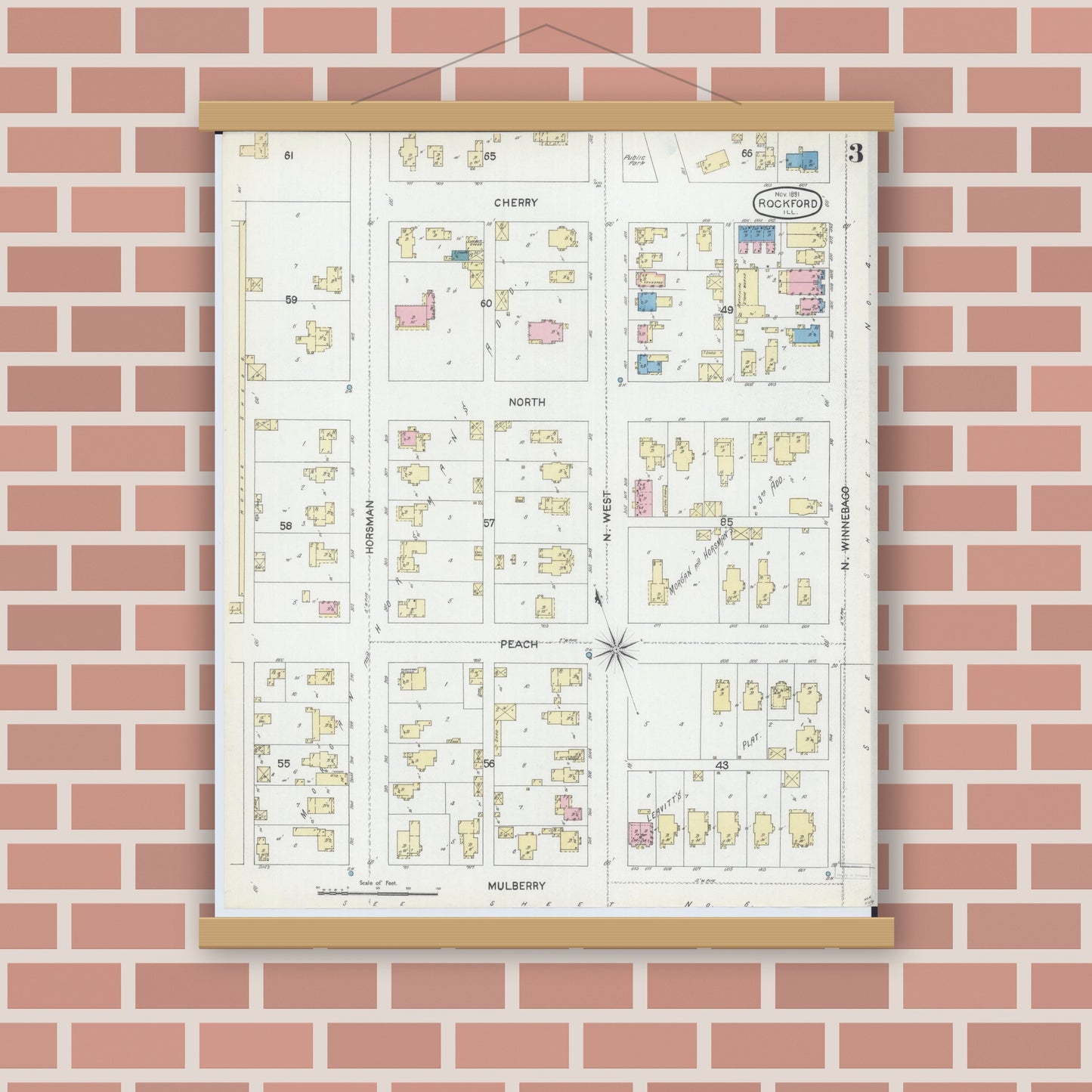 Old map wall art mockup — magnetic wood frame on brick wall — Sanborn Fire Insurance Map from Rockford, Winnebago County, Illinois (1891), Sheet #0003