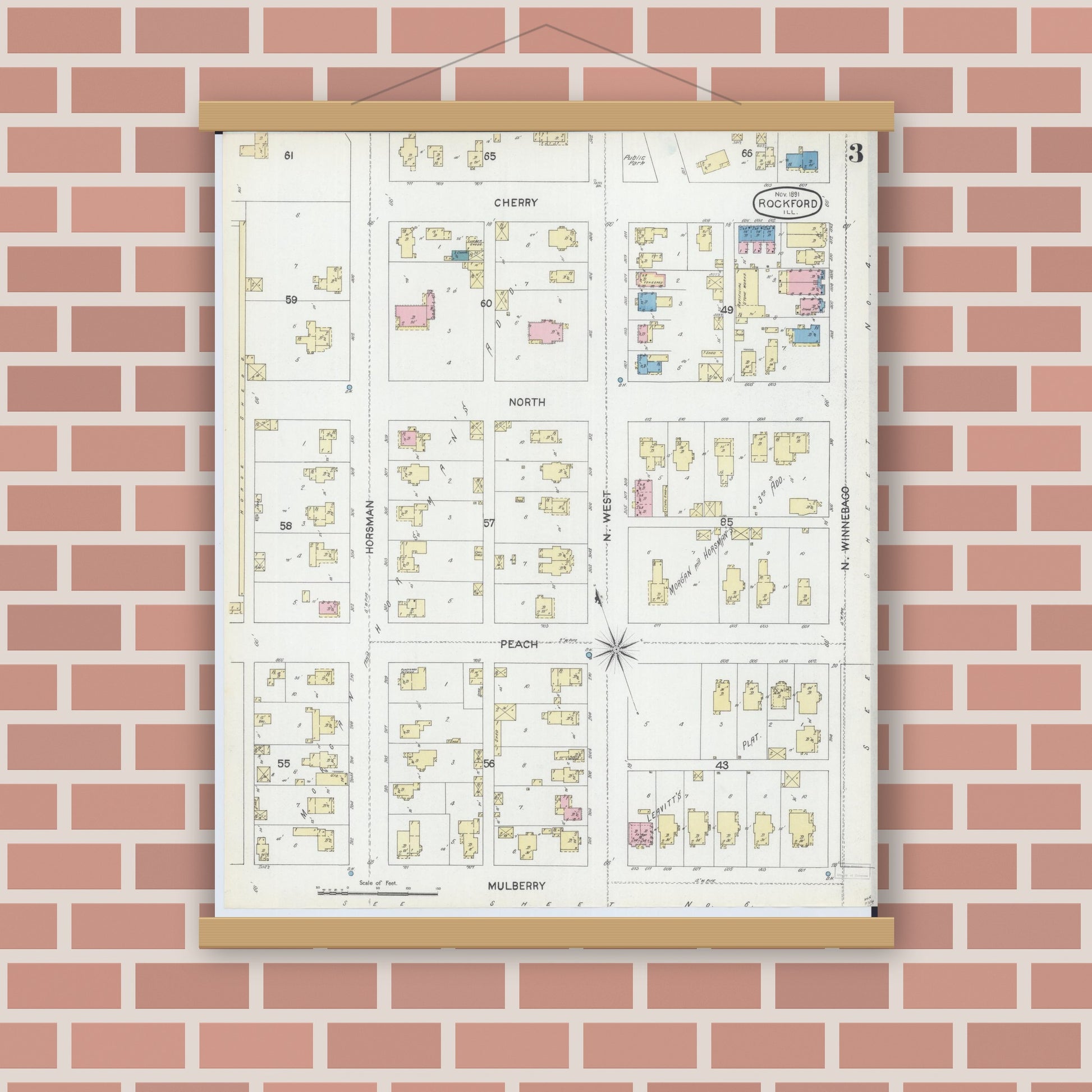Old map wall art mockup — magnetic wood frame on brick wall — Sanborn Fire Insurance Map from Rockford, Winnebago County, Illinois (1891), Sheet #0003