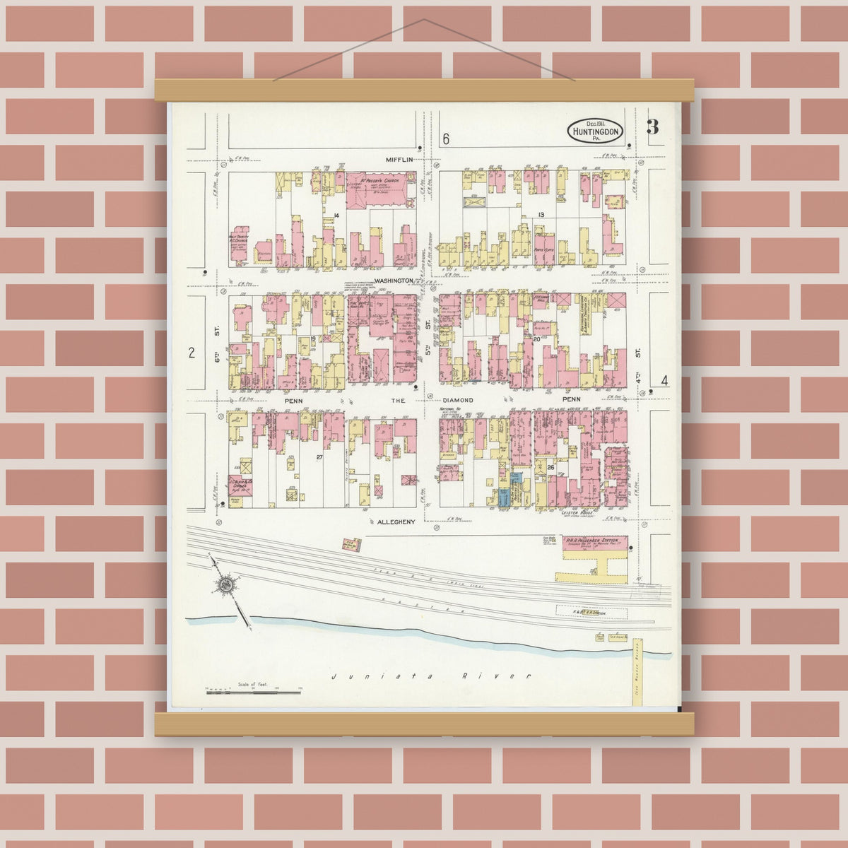 Old map wall art mockup — magnetic wood frame on brick wall — Sanborn Fire Insurance Map from Huntingdon, Huntingdon County, Pennsylvania (1911), Sheet #0003