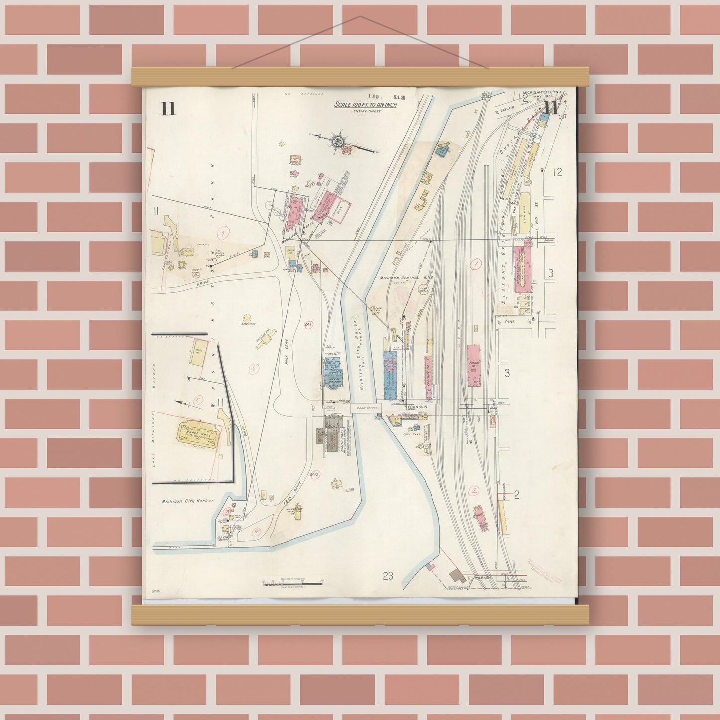 Old map wall art mockup — magnetic wood frame on brick wall — Sanborn Fire Insurance Map from Michigan City, La Porte County, Indiana (1948), Sheet #0011
