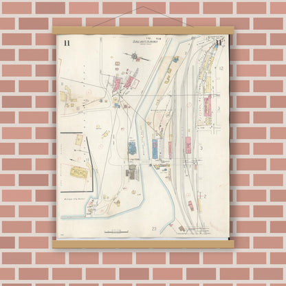 Old map wall art mockup — magnetic wood frame on brick wall — Sanborn Fire Insurance Map from Michigan City, La Porte County, Indiana (1948), Sheet #0011
