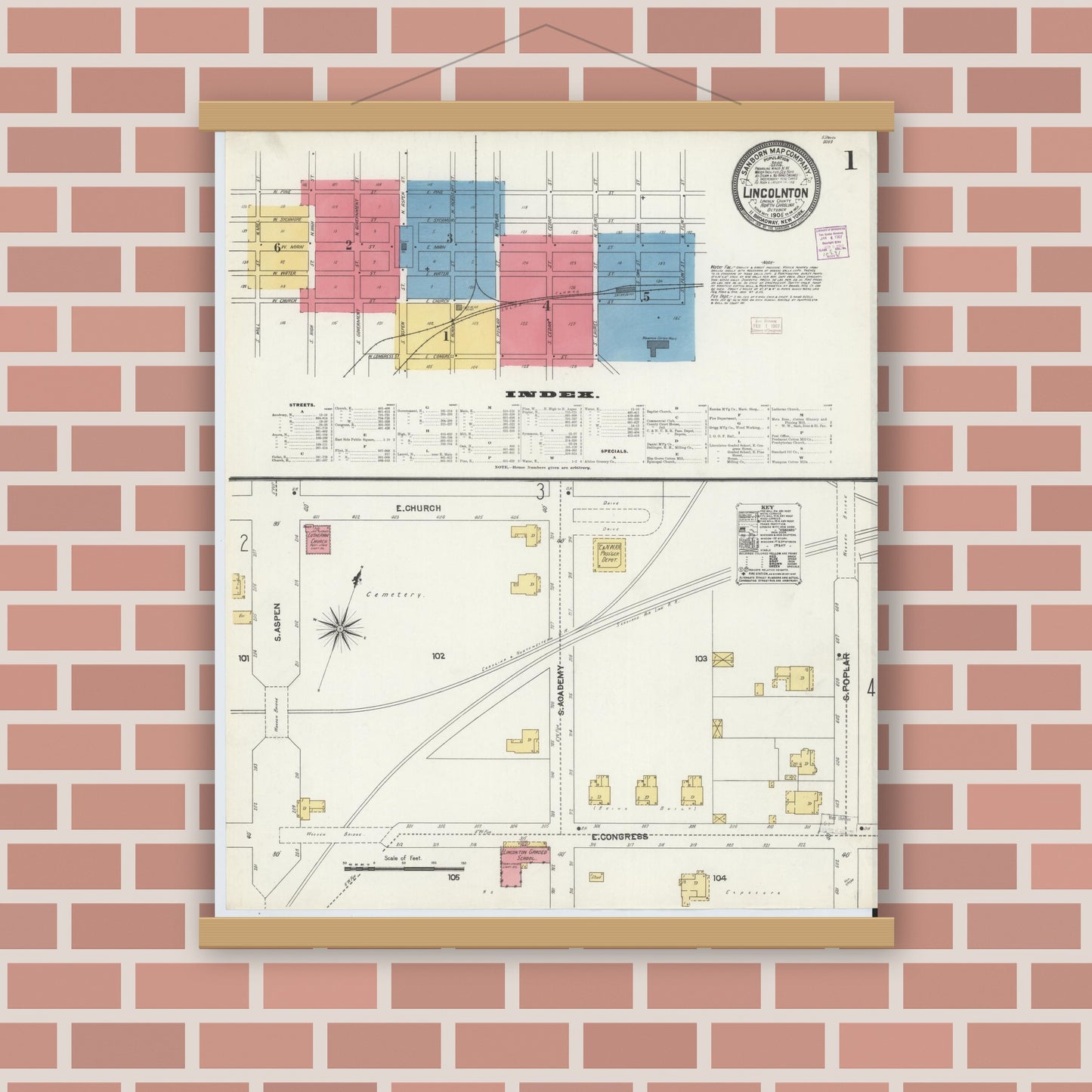 Old map wall art mockup — magnetic wood frame on brick wall — Sanborn Fire Insurance Map from Lincolnton, Lincoln County, North Carolina (1906), Sheet #0001