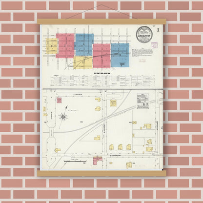 Old map wall art mockup — magnetic wood frame on brick wall — Sanborn Fire Insurance Map from Lincolnton, Lincoln County, North Carolina (1906), Sheet #0001