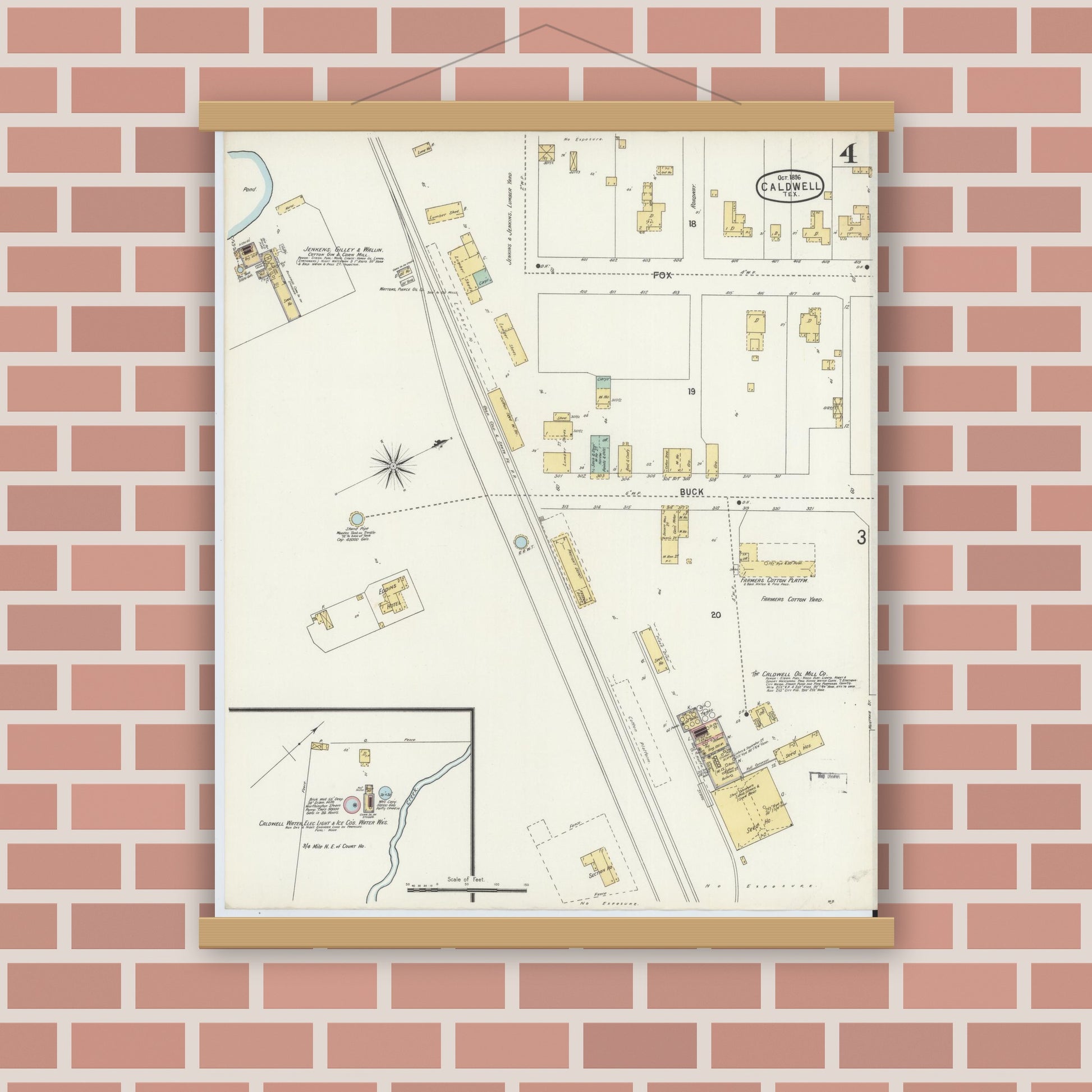 Old map wall art mockup — magnetic wood frame on brick wall — Sanborn Fire Insurance Map from Caldwell, Burleson County, Texas (1896), Sheet #0004
