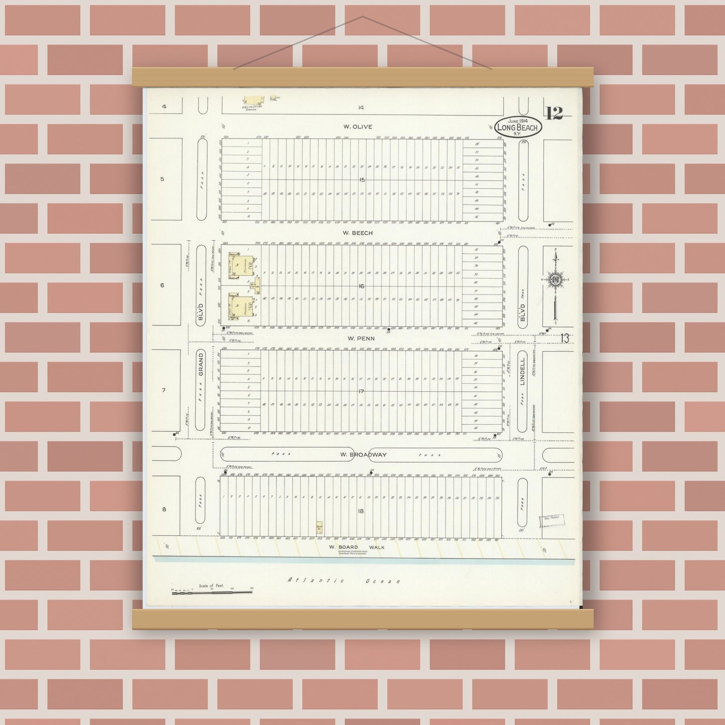 Old map wall art mockup — magnetic wood frame on brick wall — Sanborn Fire Insurance Map from Long Beach, Nassau County, New York (1914), Sheet #0012