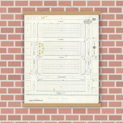 Old map wall art mockup — magnetic wood frame on brick wall — Sanborn Fire Insurance Map from Long Beach, Nassau County, New York (1914), Sheet #0012