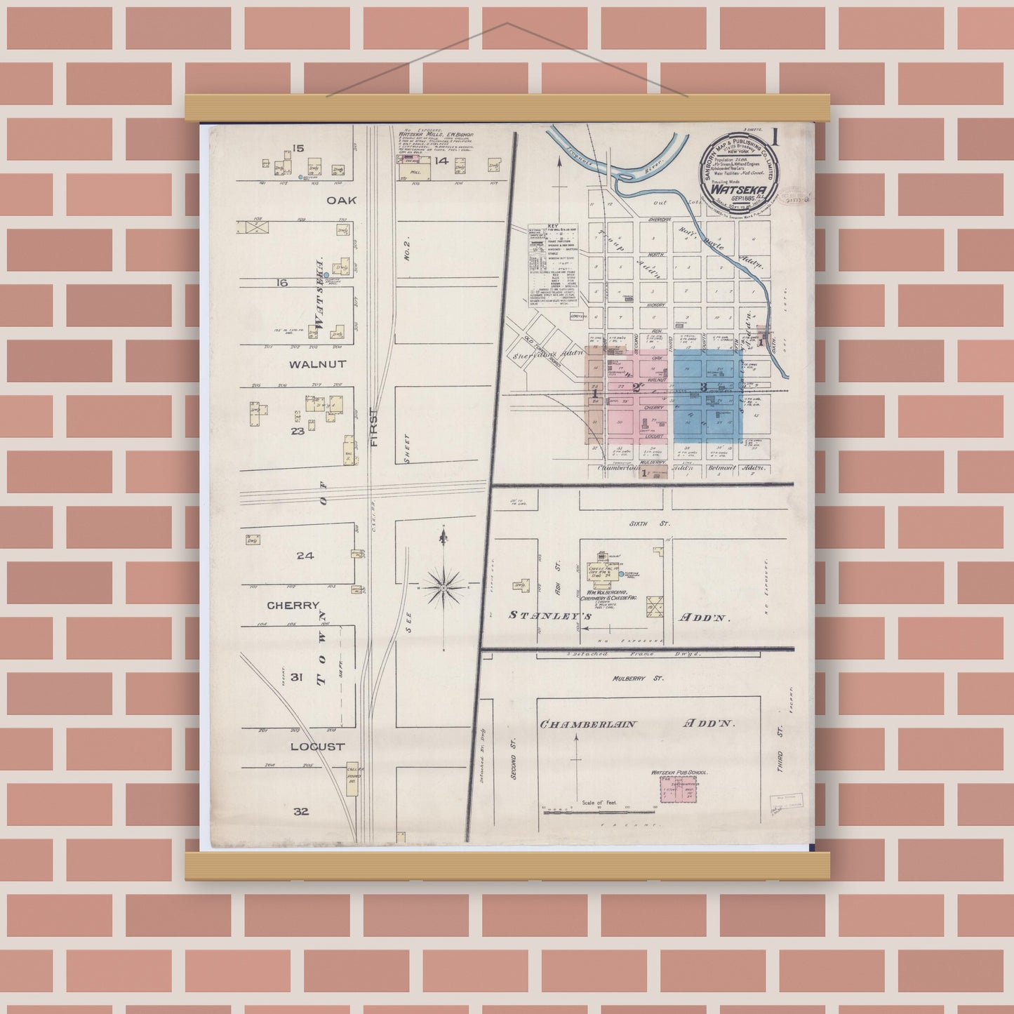 Old map wall art mockup — magnetic wood frame on brick wall — Sanborn Fire Insurance Map from Watseka, Iroquois County, Illinois (1885) - Complete Map Set