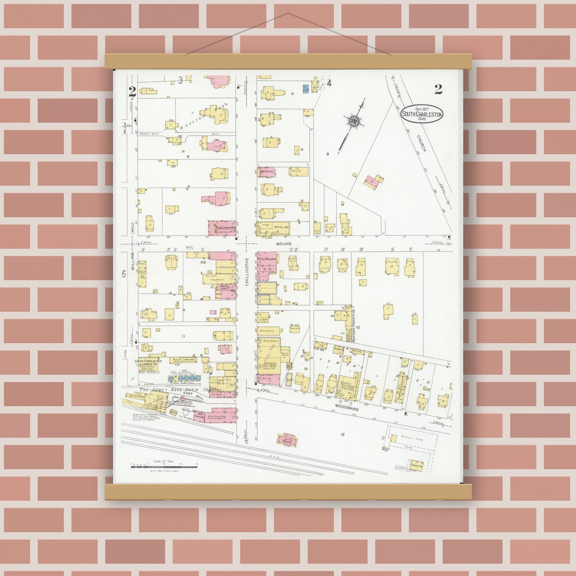 Old map wall art mockup — magnetic wood frame on brick wall — Sanborn Fire Insurance Map from South Charleston, Clark County, Ohio (1927), Sheet #0002