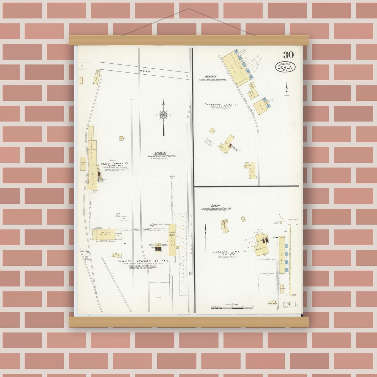 Old map wall art mockup — magnetic wood frame on brick wall — Sanborn Fire Insurance Map from Ocala, Marion County, Florida (1912), Sheet #0030