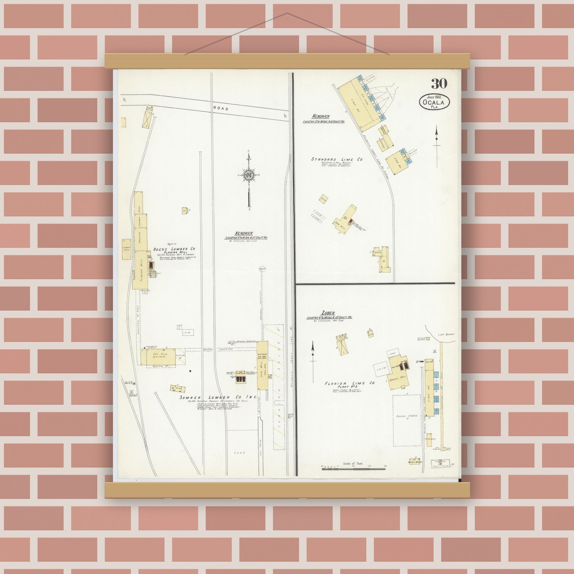 Old map wall art mockup — magnetic wood frame on brick wall — Sanborn Fire Insurance Map from Ocala, Marion County, Florida (1912), Sheet #0030