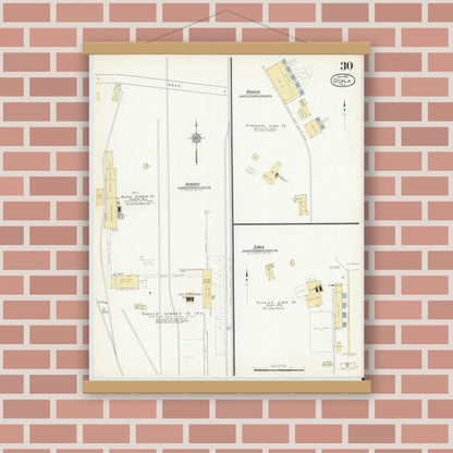 Old map wall art mockup — magnetic wood frame on brick wall — Sanborn Fire Insurance Map from Ocala, Marion County, Florida (1912), Sheet #0030