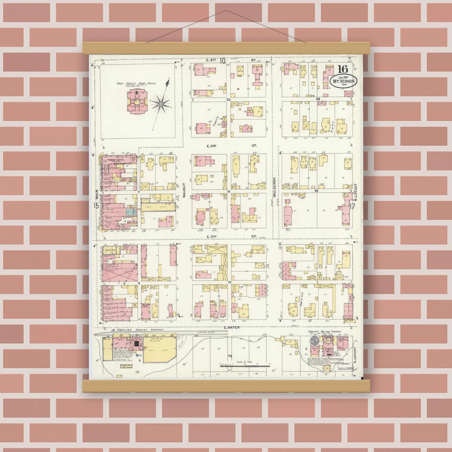 Old map wall art mockup — magnetic wood frame on brick wall — Sanborn Fire Insurance Map from Mount Vernon, Posey County, Indiana (1907), Sheet #0016