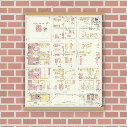 Old map wall art mockup — magnetic wood frame on brick wall — Sanborn Fire Insurance Map from Mount Vernon, Posey County, Indiana (1907), Sheet #0016
