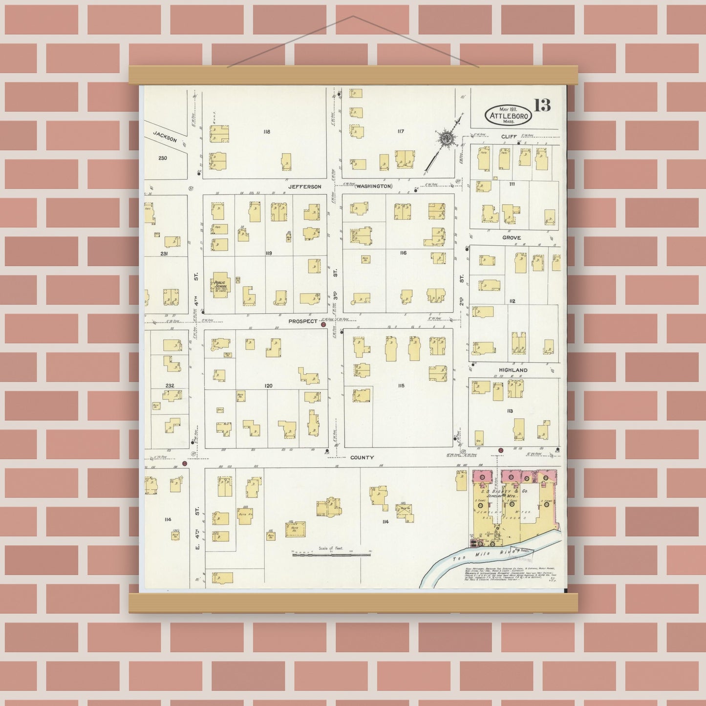 Old map wall art mockup — magnetic wood frame on brick wall — Sanborn Fire Insurance Map from Attleboro, Bristol County, Massachusetts (1911), Sheet #0013