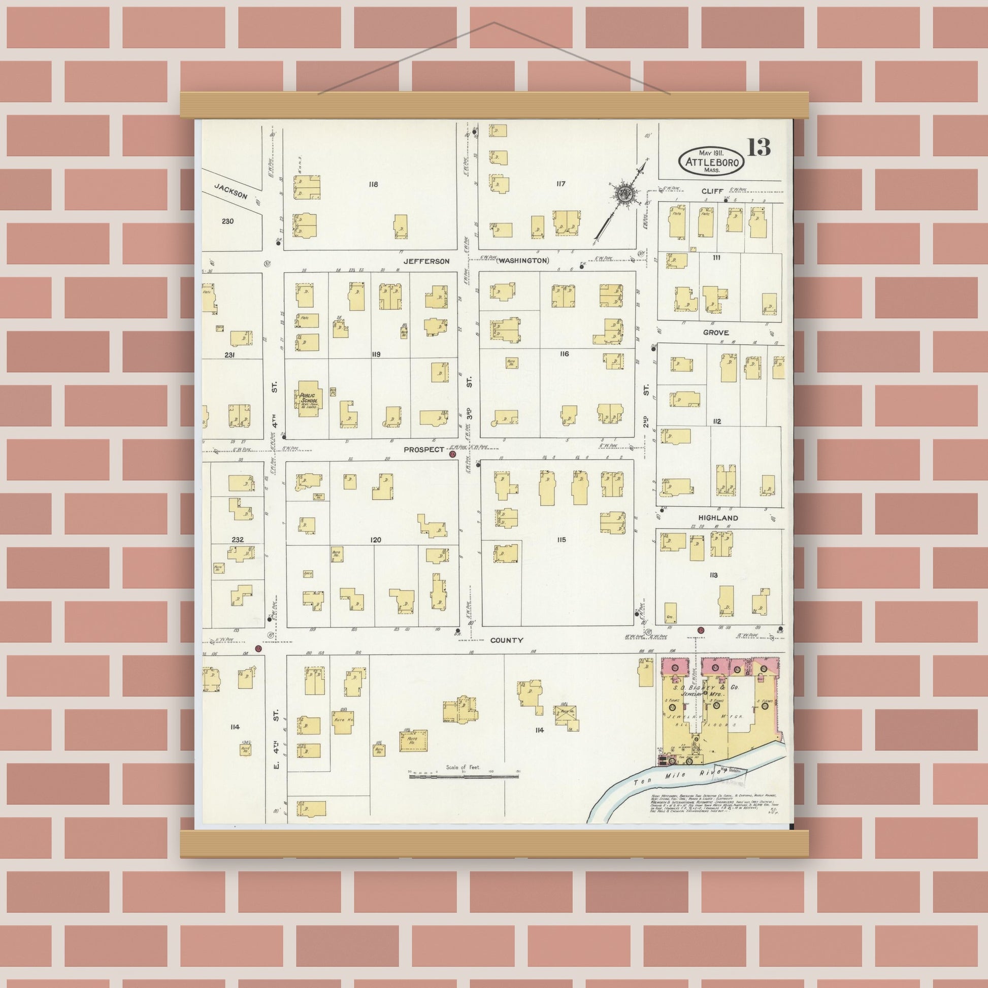 Old map wall art mockup — magnetic wood frame on brick wall — Sanborn Fire Insurance Map from Attleboro, Bristol County, Massachusetts (1911), Sheet #0013