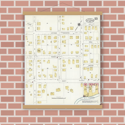 Old map wall art mockup — magnetic wood frame on brick wall — Sanborn Fire Insurance Map from Attleboro, Bristol County, Massachusetts (1911), Sheet #0013