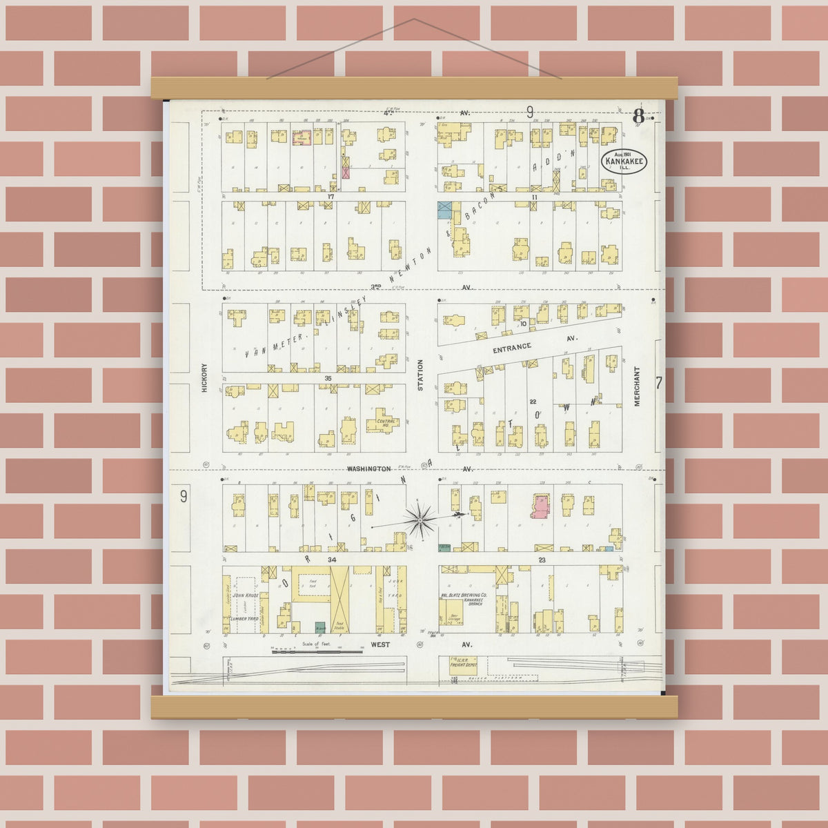 Old map wall art mockup — magnetic wood frame on brick wall — Sanborn Fire Insurance Map from Kankakee, Kankakee County, Illinois (1901), Sheet #0008