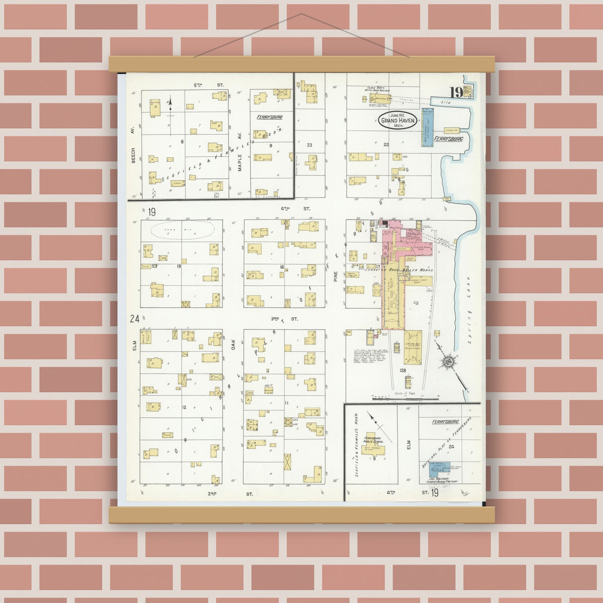 Old map wall art mockup — magnetic wood frame on brick wall — Sanborn Fire Insurance Map from Grand Haven, Ottawa County, Michigan (1912), Sheet #0019