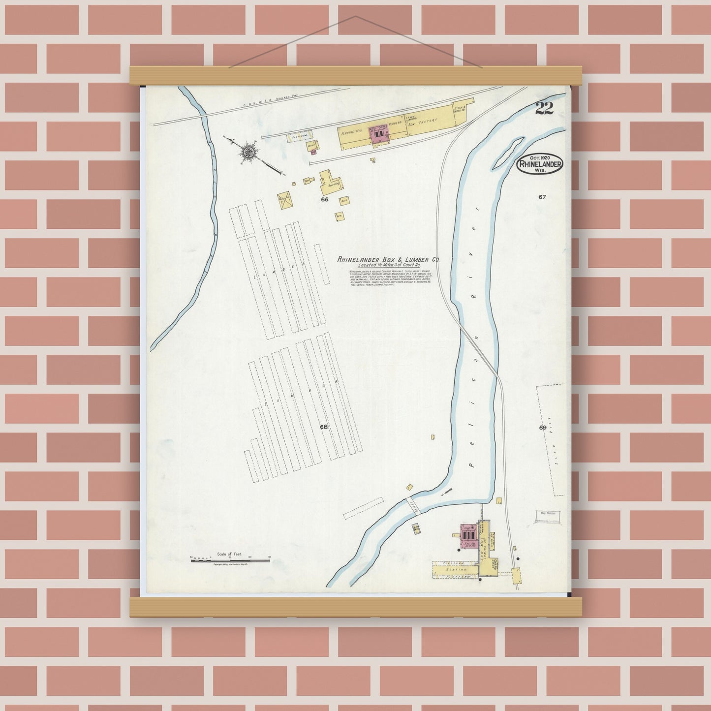 Old map wall art mockup — magnetic wood frame on brick wall — Sanborn Fire Insurance Map from Rhinelander, Oneida County, Wisconsin (1920), Sheet #0022