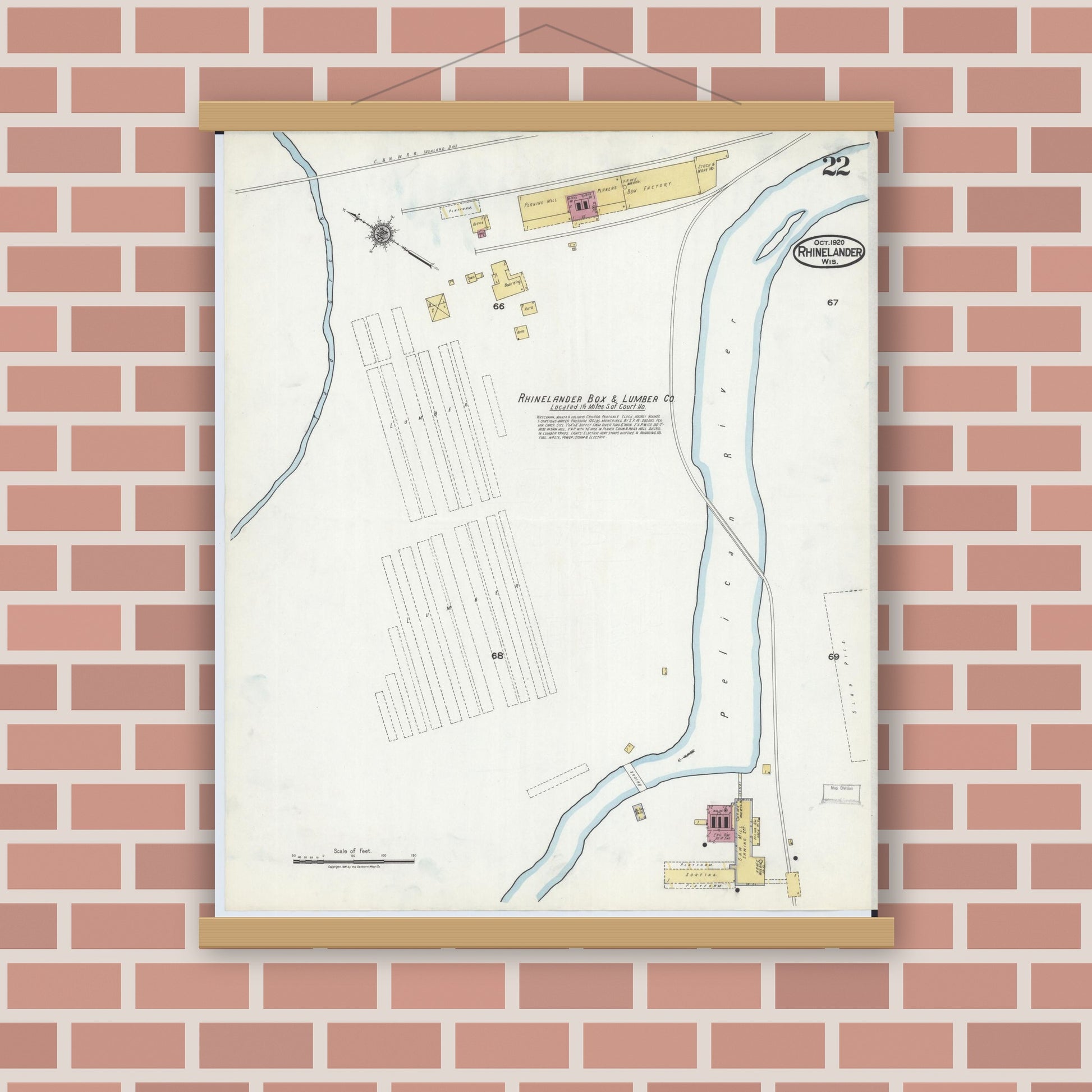 Old map wall art mockup — magnetic wood frame on brick wall — Sanborn Fire Insurance Map from Rhinelander, Oneida County, Wisconsin (1920), Sheet #0022