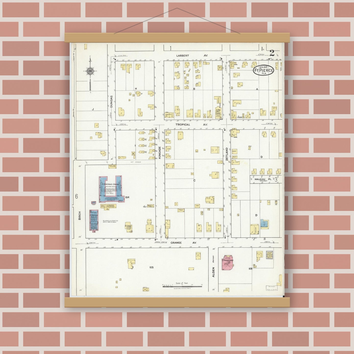 Old map wall art mockup — magnetic wood frame on brick wall — Sanborn Fire Insurance Map from Fort Pierce, St Lucie County, Florida (1918), Sheet #0002