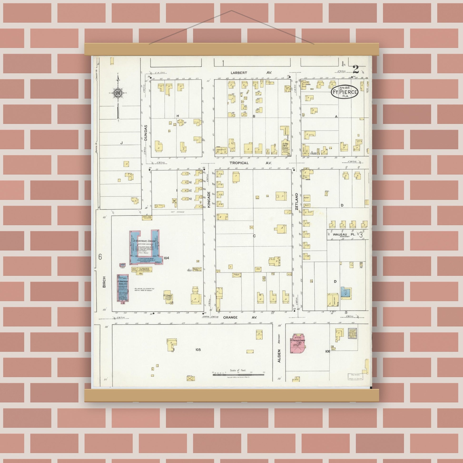 Old map wall art mockup — magnetic wood frame on brick wall — Sanborn Fire Insurance Map from Fort Pierce, St Lucie County, Florida (1918), Sheet #0002