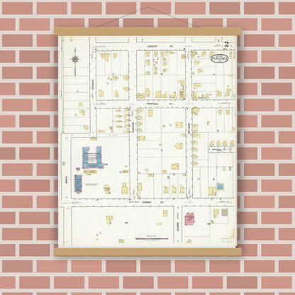 Old map wall art mockup — magnetic wood frame on brick wall — Sanborn Fire Insurance Map from Fort Pierce, St Lucie County, Florida (1918), Sheet #0002