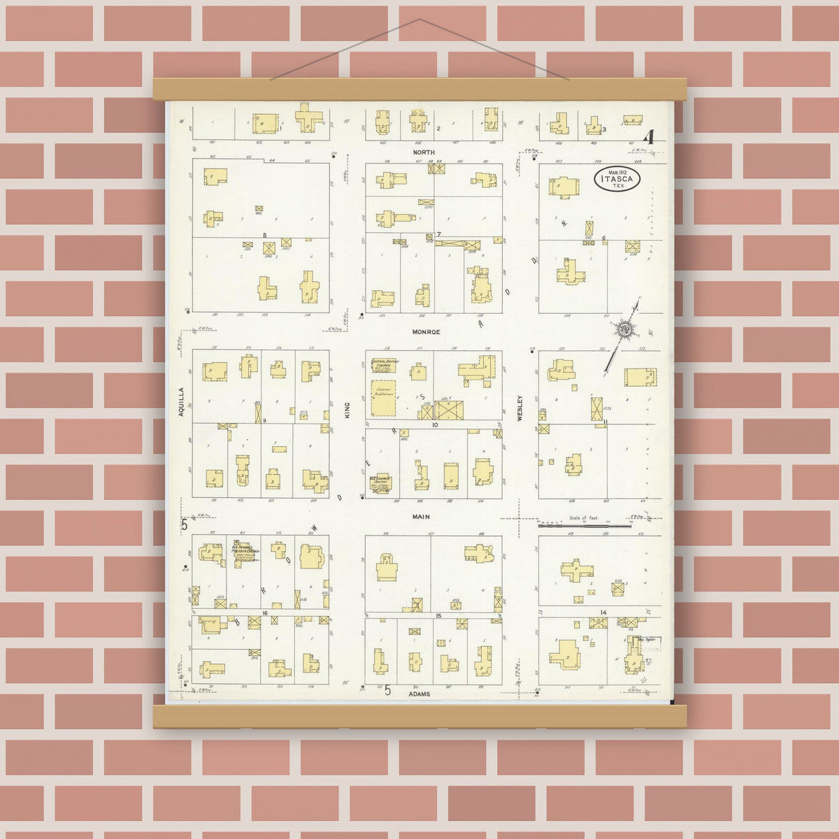 Old map wall art mockup — magnetic wood frame on brick wall — Sanborn Fire Insurance Map from Itasca, Hill County, Texas (1912), Sheet #0004
