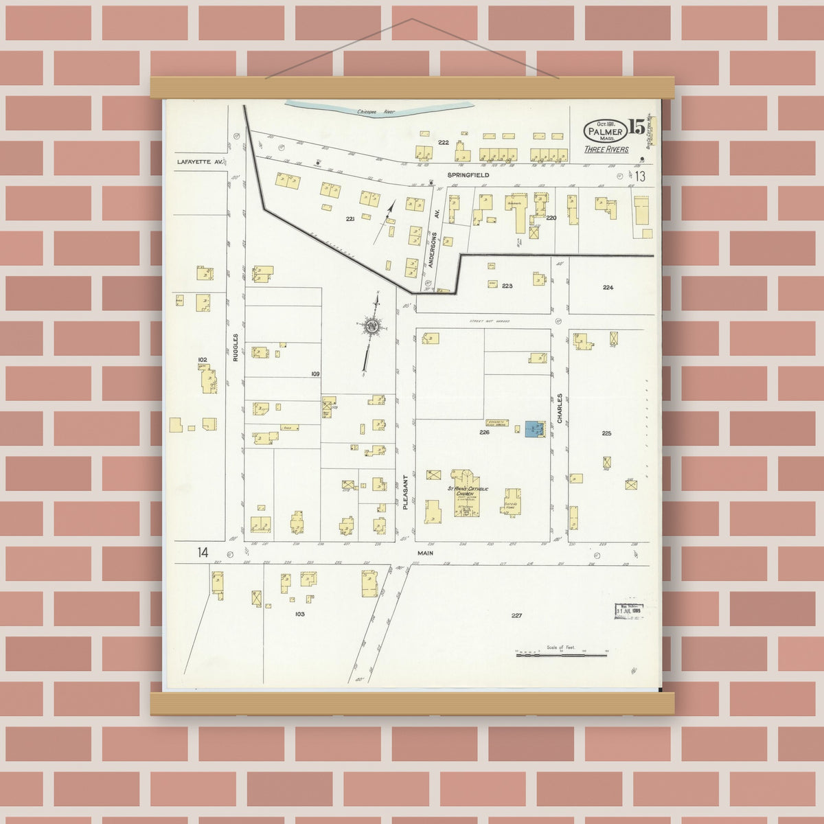 Old map wall art mockup — magnetic wood frame on brick wall — Sanborn Fire Insurance Map from Palmer, Hampden County, Massachusetts (1911), Sheet #0015