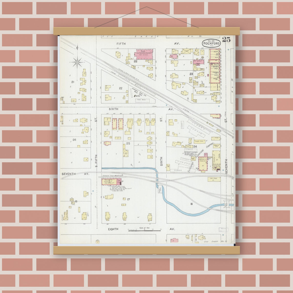 Old map wall art mockup — magnetic wood frame on brick wall — Sanborn Fire Insurance Map from Rockford, Winnebago County, Illinois (1891), Sheet #0025