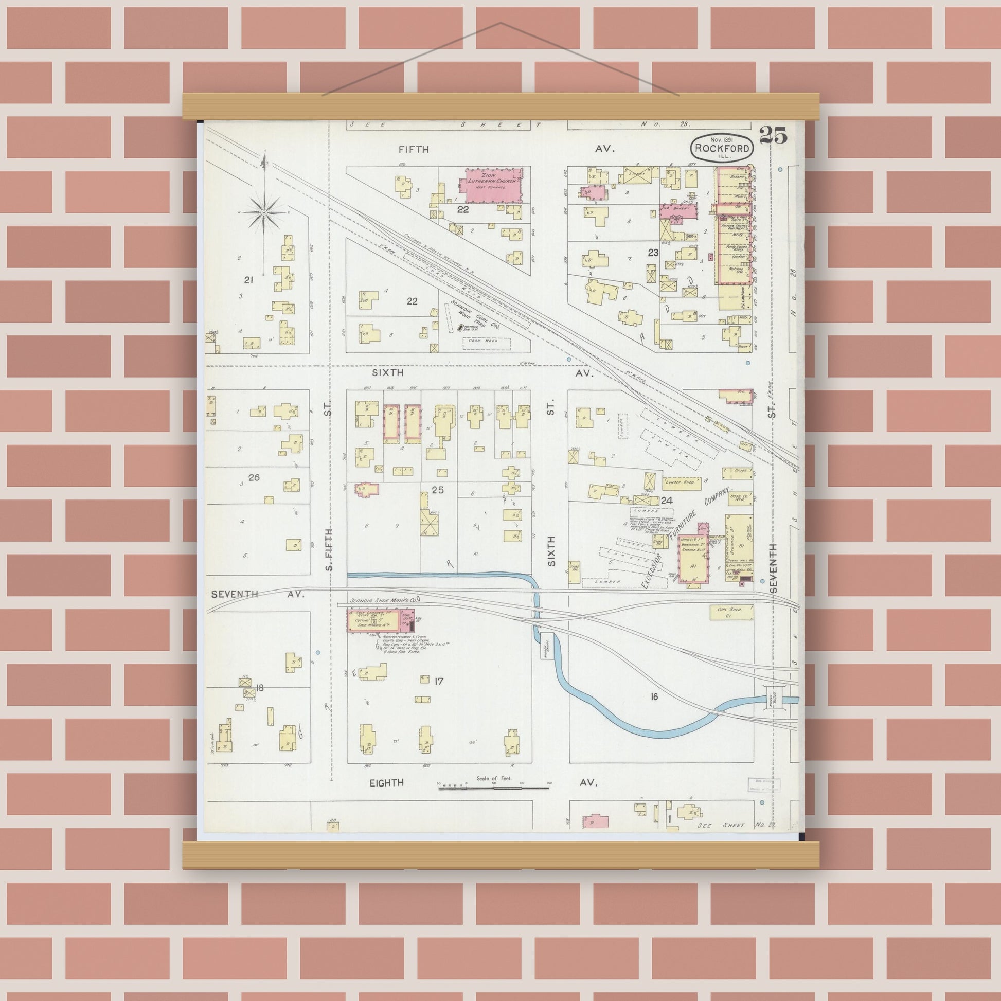 Old map wall art mockup — magnetic wood frame on brick wall — Sanborn Fire Insurance Map from Rockford, Winnebago County, Illinois (1891), Sheet #0025