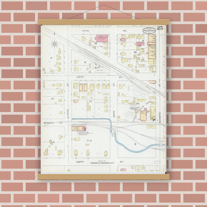 Old map wall art mockup — magnetic wood frame on brick wall — Sanborn Fire Insurance Map from Rockford, Winnebago County, Illinois (1891), Sheet #0025