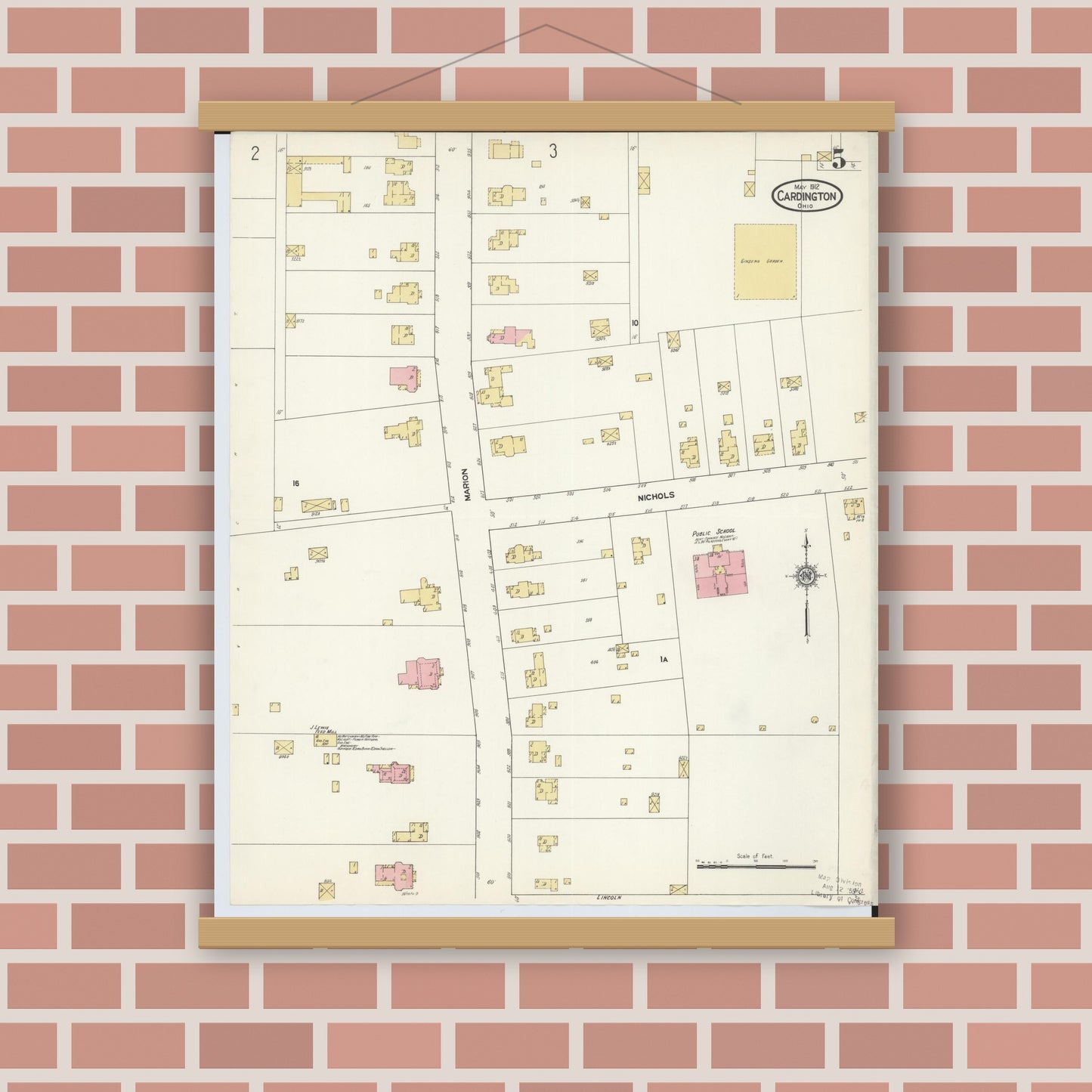 Old map wall art mockup — magnetic wood frame on brick wall — Sanborn Fire Insurance Map from Cardington, Morrow County, Ohio (1912), Sheet #0005