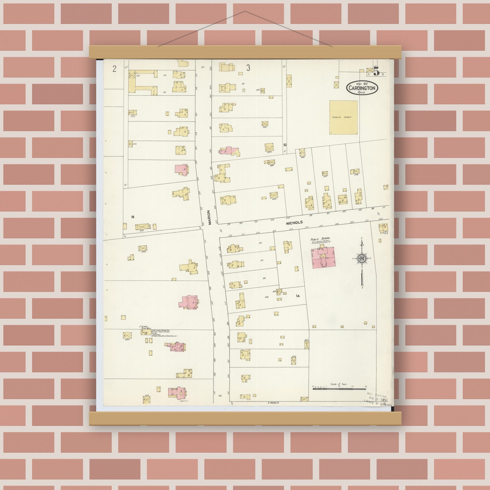 Old map wall art mockup — magnetic wood frame on brick wall — Sanborn Fire Insurance Map from Cardington, Morrow County, Ohio (1912), Sheet #0005