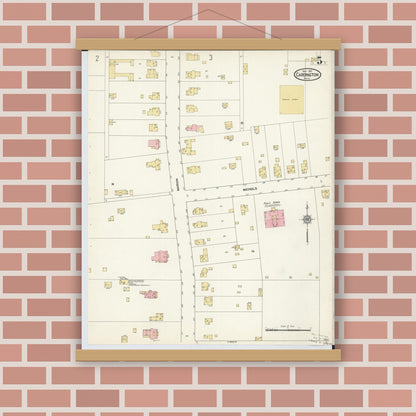 Old map wall art mockup — magnetic wood frame on brick wall — Sanborn Fire Insurance Map from Cardington, Morrow County, Ohio (1912), Sheet #0005