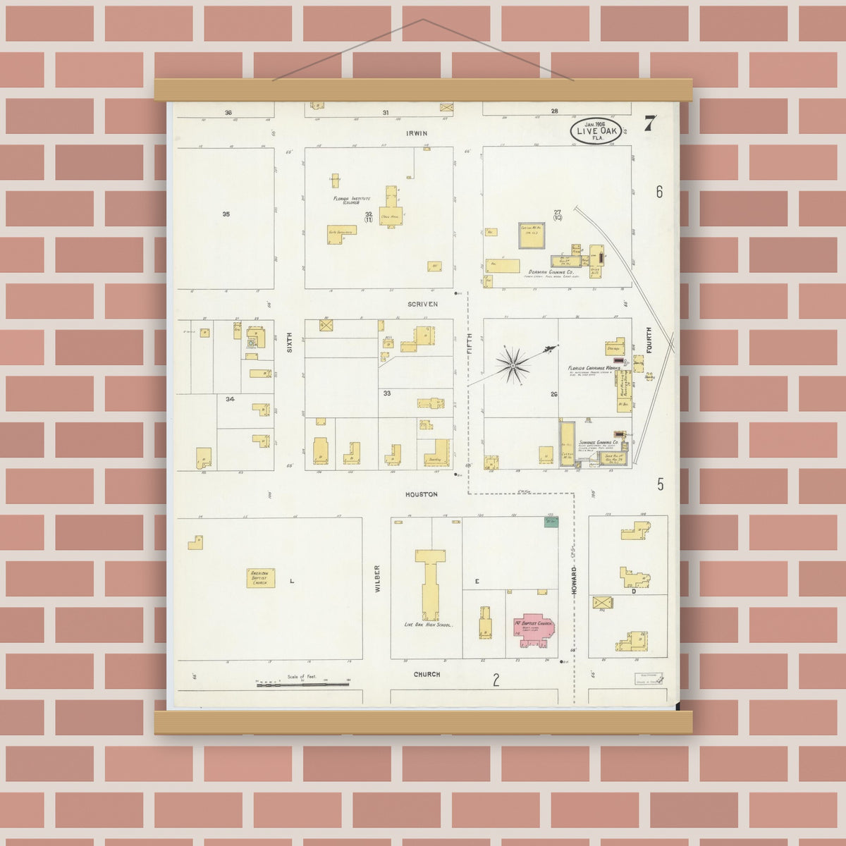 Old map wall art mockup — magnetic wood frame on brick wall — Sanborn Fire Insurance Map from Live Oak, Suwanee County, Florida (1906), Sheet #0007