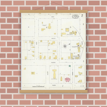 Old map wall art mockup — magnetic wood frame on brick wall — Sanborn Fire Insurance Map from Live Oak, Suwanee County, Florida (1906), Sheet #0007