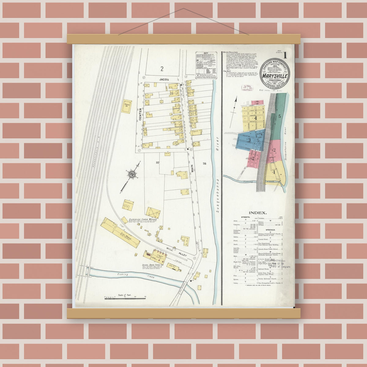 Old map wall art mockup — magnetic wood frame on brick wall — Sanborn Fire Insurance Map from Marysville, Perry County, Pennsylvania (1911) - Complete Map Set