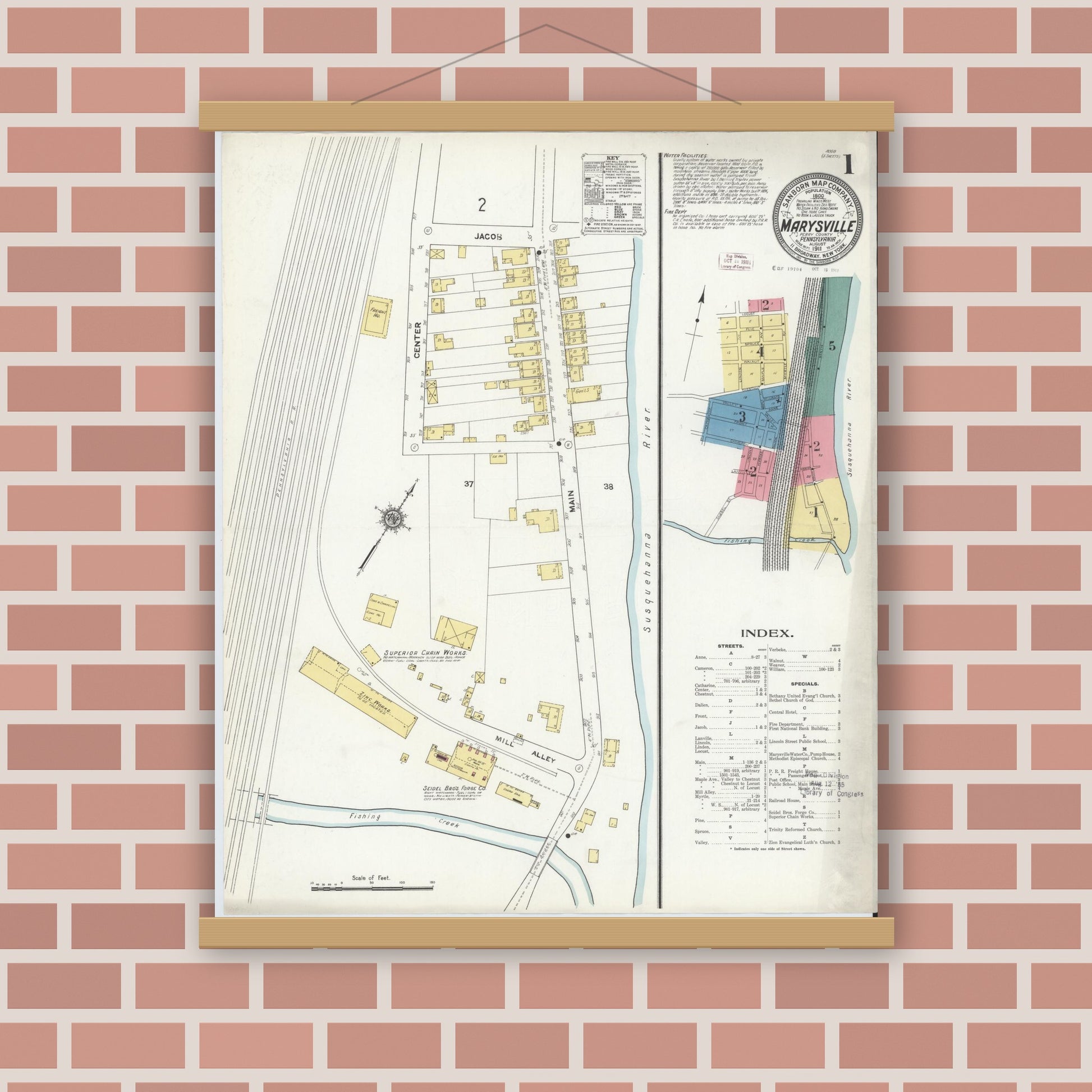 Old map wall art mockup — magnetic wood frame on brick wall — Sanborn Fire Insurance Map from Marysville, Perry County, Pennsylvania (1911) - Complete Map Set