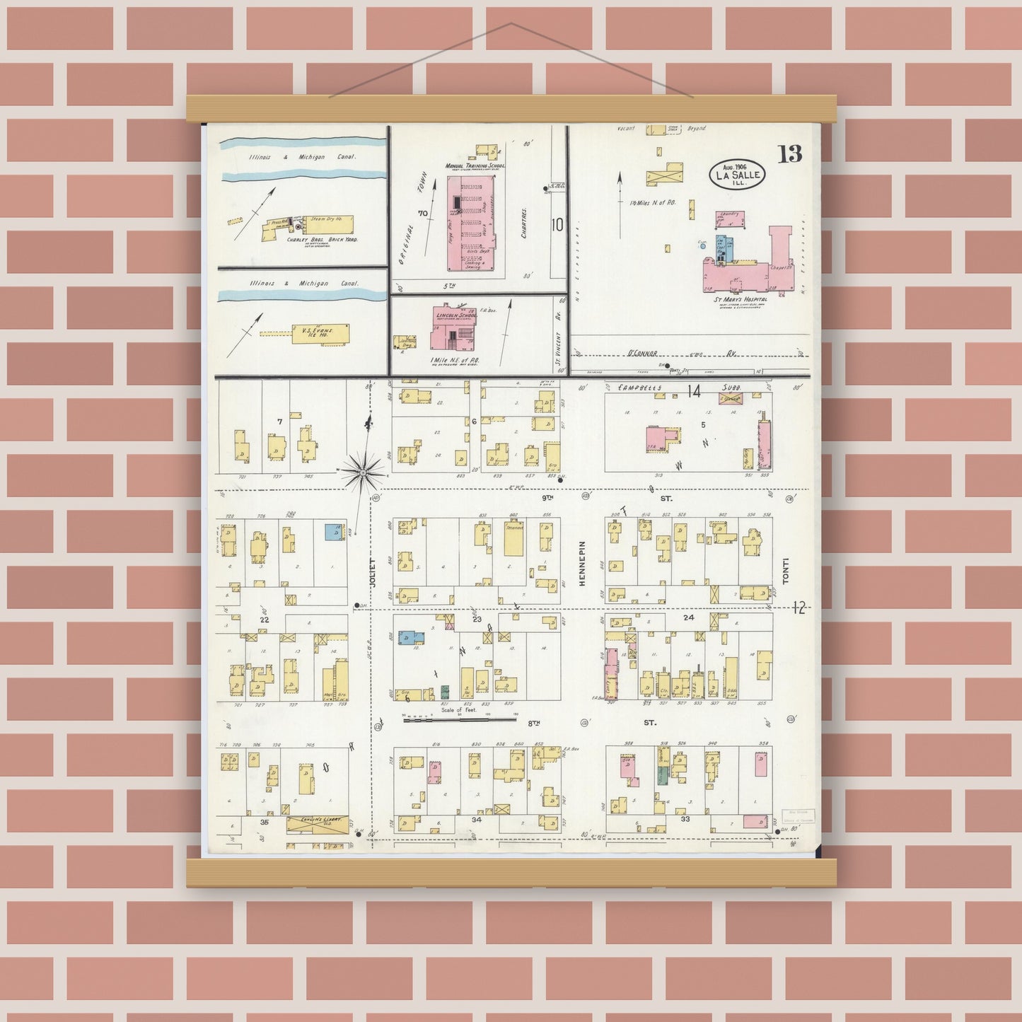 Old map wall art mockup — magnetic wood frame on brick wall — Sanborn Fire Insurance Map from La Salle, La Salle County, Illinois (1906), Sheet #0013