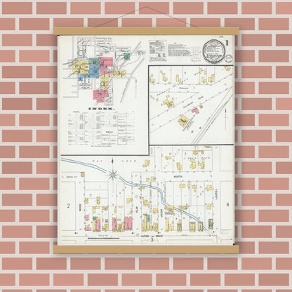 Old map wall art mockup — magnetic wood frame on brick wall — Sanborn Fire Insurance Map from Staunton, Macoupin County, Illinois (1899), Sheet #0001