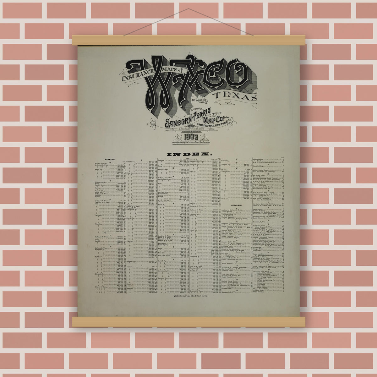 Old map wall art mockup — magnetic wood frame on brick wall — Sanborn Fire Insurance Map from Waco, McLennan County, Texas (1899), Sheet #0001