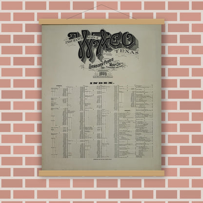 Old map wall art mockup — magnetic wood frame on brick wall — Sanborn Fire Insurance Map from Waco, McLennan County, Texas (1899), Sheet #0001
