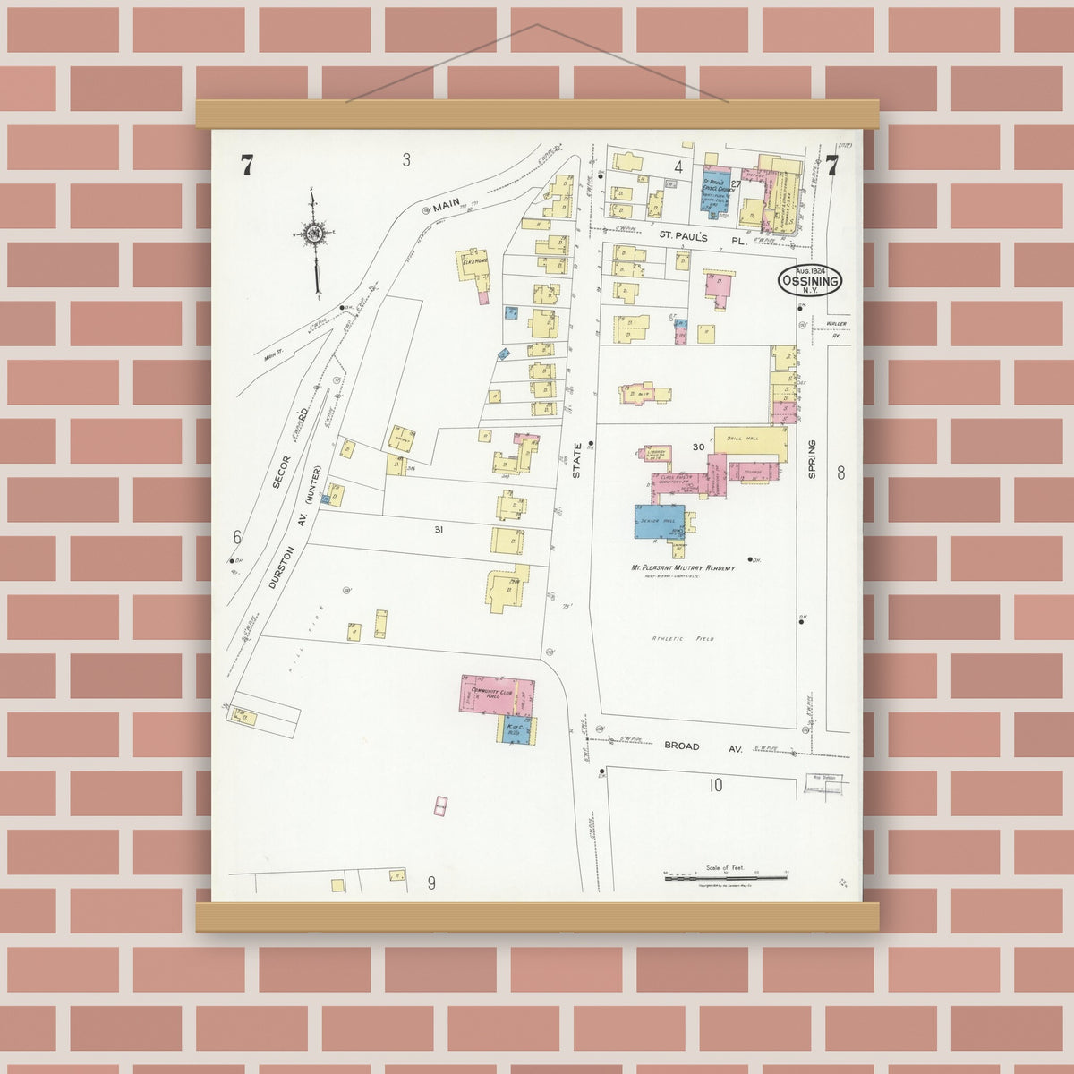 Old map wall art mockup — magnetic wood frame on brick wall — Sanborn Fire Insurance Map from Ossining, Westchester County, New York (1924), Sheet #0007