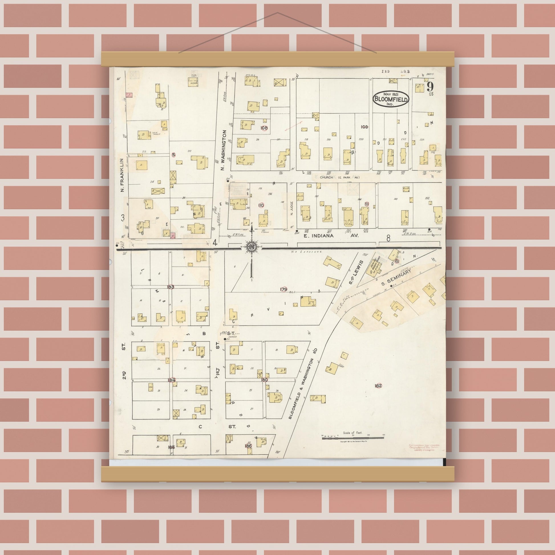 Old map wall art mockup — magnetic wood frame on brick wall — Sanborn Fire Insurance Map from Bloomfield, Greene County, Indiana (1940), Sheet #0009