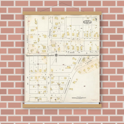 Old map wall art mockup — magnetic wood frame on brick wall — Sanborn Fire Insurance Map from Bloomfield, Greene County, Indiana (1940), Sheet #0009