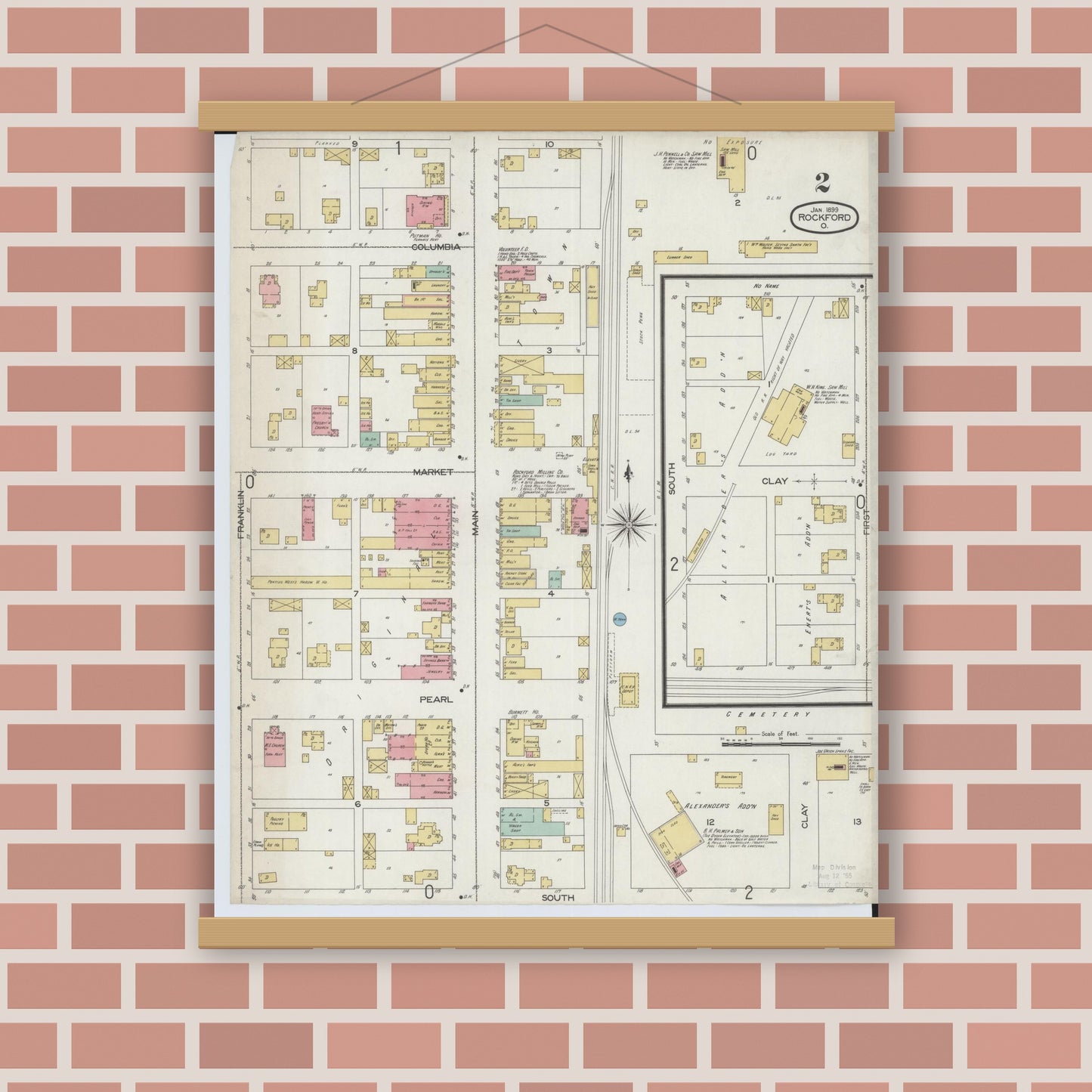 Old map wall art mockup — magnetic wood frame on brick wall — Sanborn Fire Insurance Map from Rockford, Mercer County, Ohio (1899), Sheet #0002