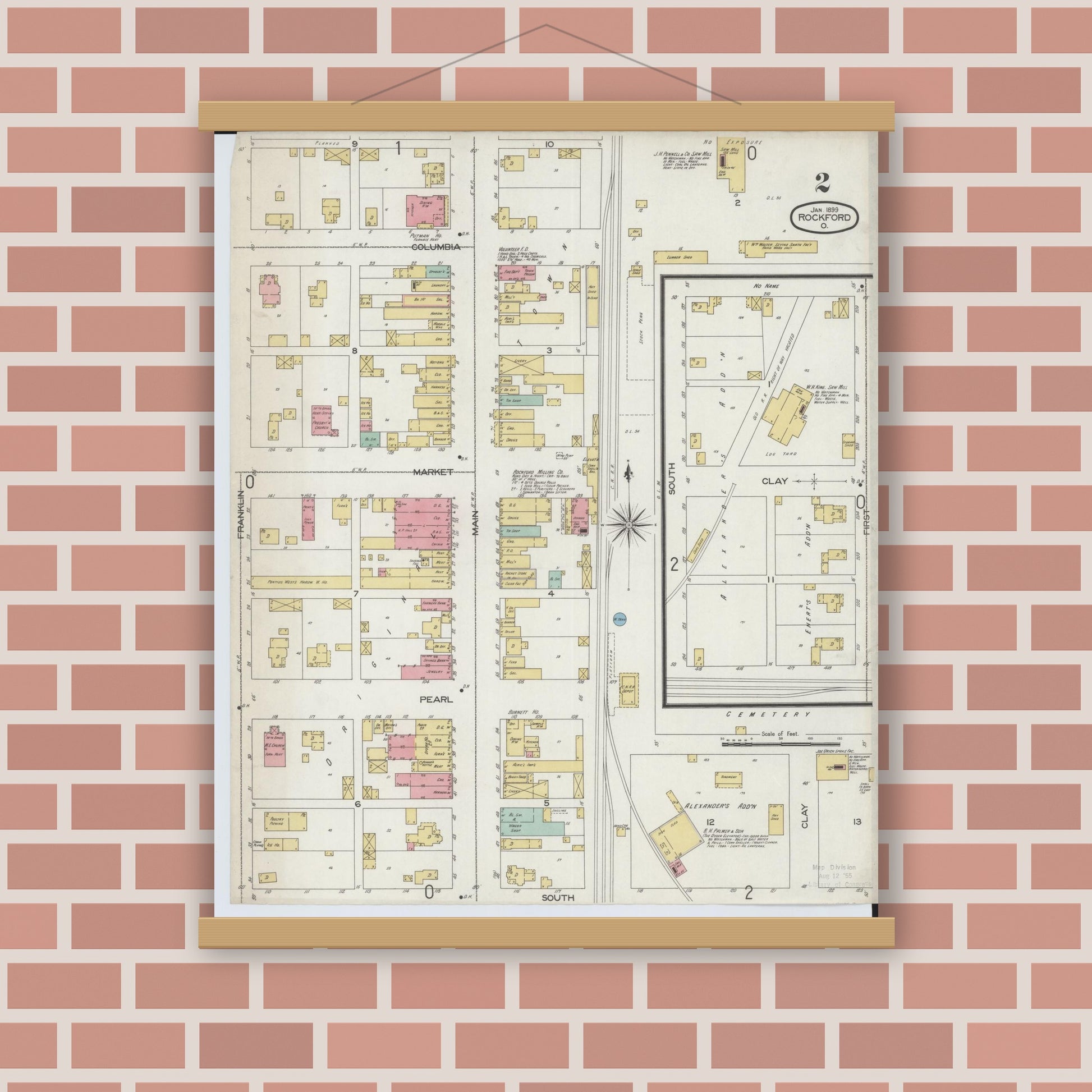 Old map wall art mockup — magnetic wood frame on brick wall — Sanborn Fire Insurance Map from Rockford, Mercer County, Ohio (1899), Sheet #0002